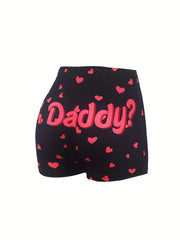 Casual Shorts Women's Plus Heart Letter Print Elastic High Rise