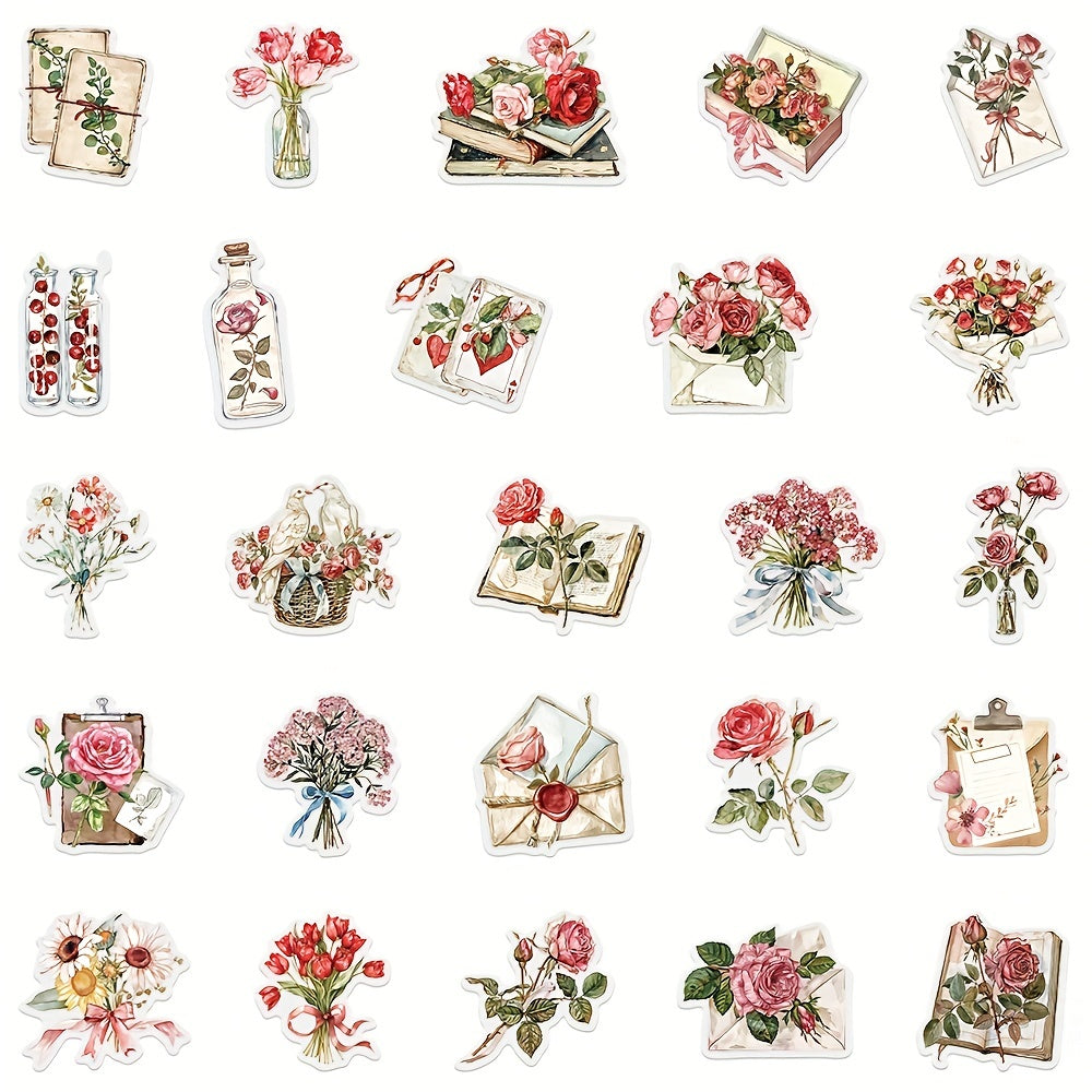 50pcs PET Floral & Letter Stickers Adhesive Shapes Laptop Phone Case Decoration