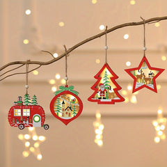 4pcs Wooden Star Car Pendant Christmas Tree Decorations