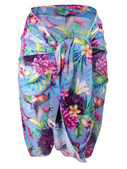 Floral Print Boho Bikini Bottoms with Mesh Beach Cover Up Skirt