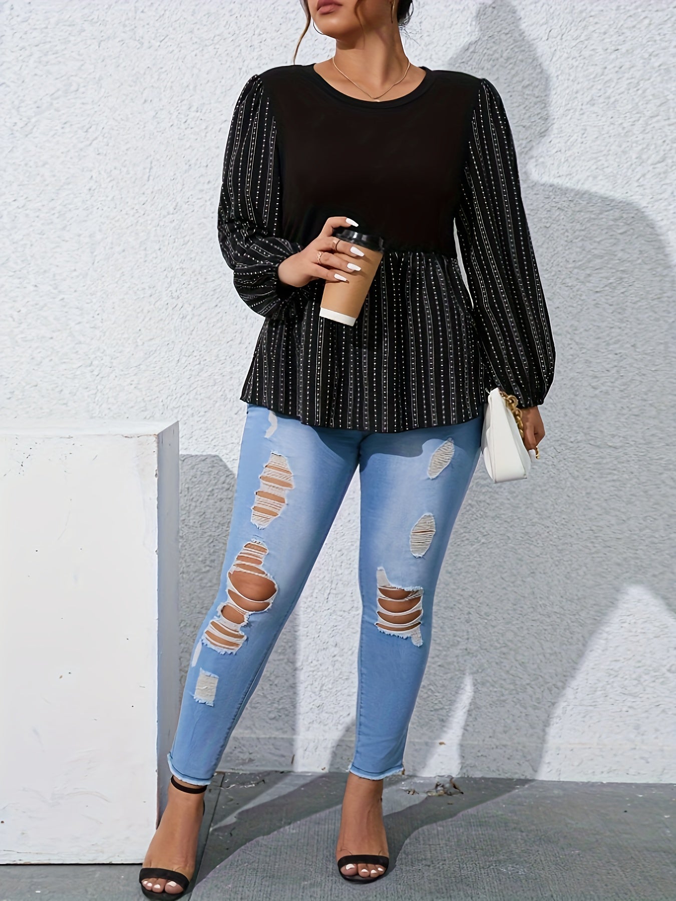 Blouse Women's Plus Colorblock Dot & Stripe Print Lantern Sleeve