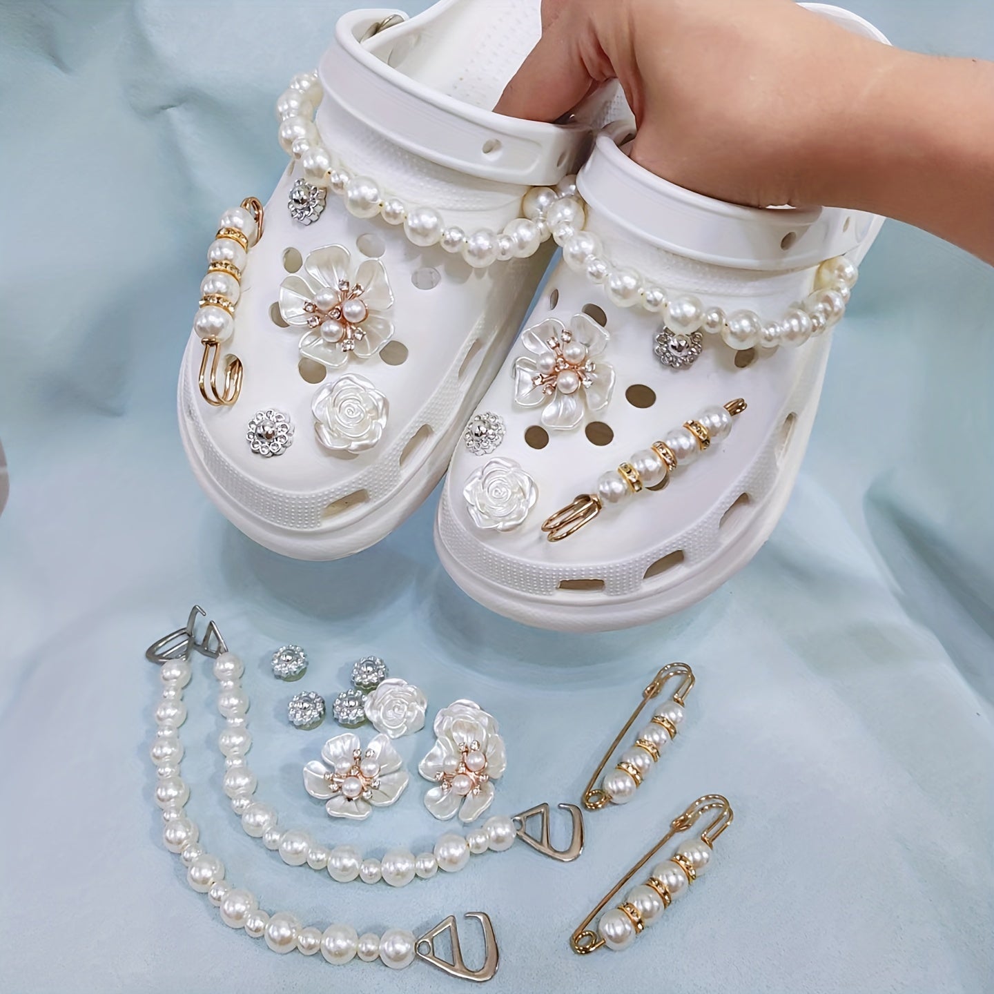 12pcs Hole Shoe Accessories Set, Pearl Chain, Flower Buttons for Crocs