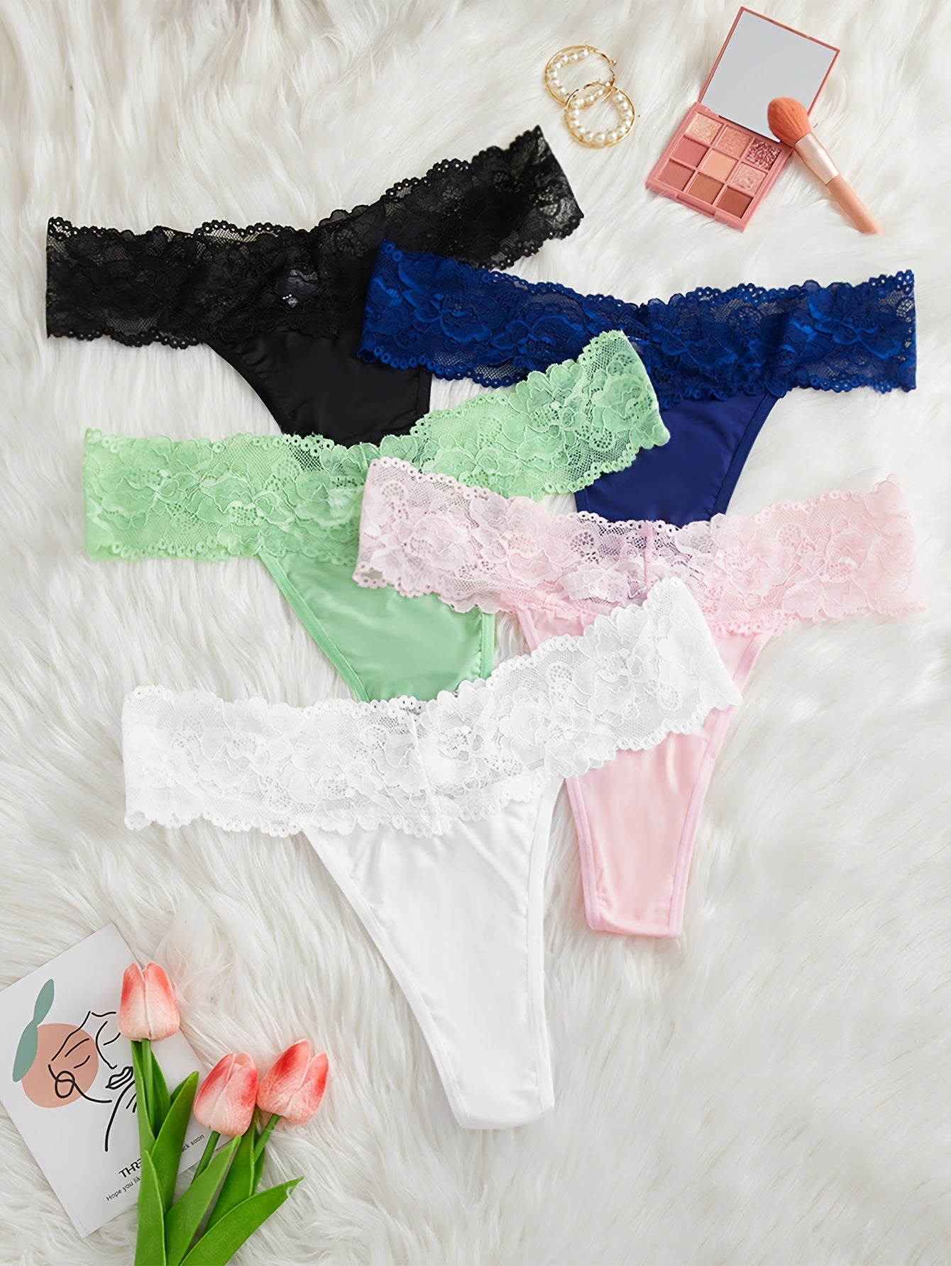 5 Pack Plus Size Panties Set Women's Plus Contrast Lace Scolloped Trim