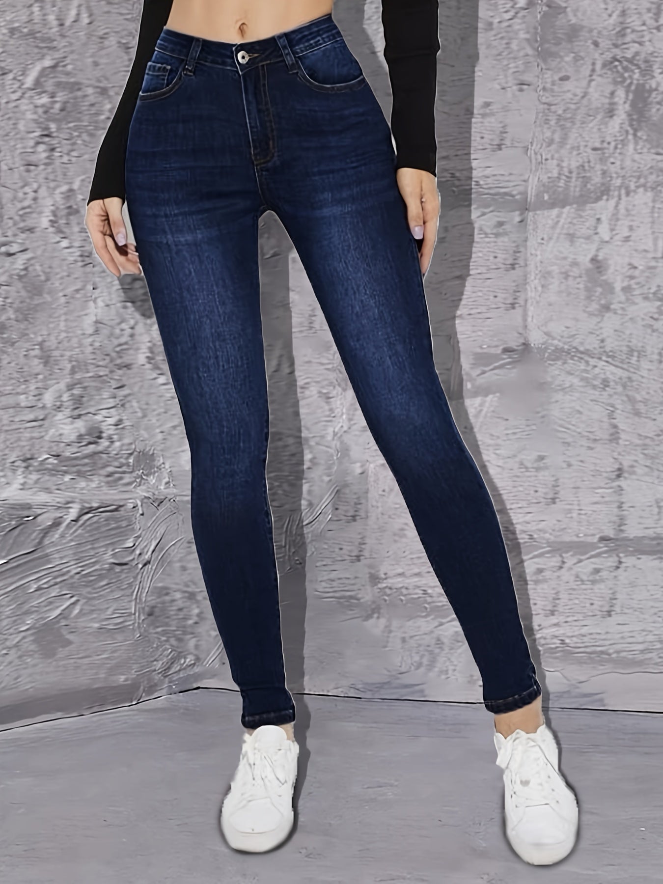 High Rise Dark Skinny Jeans High Waist Plain Stretchy Tight Fit Denim Pants