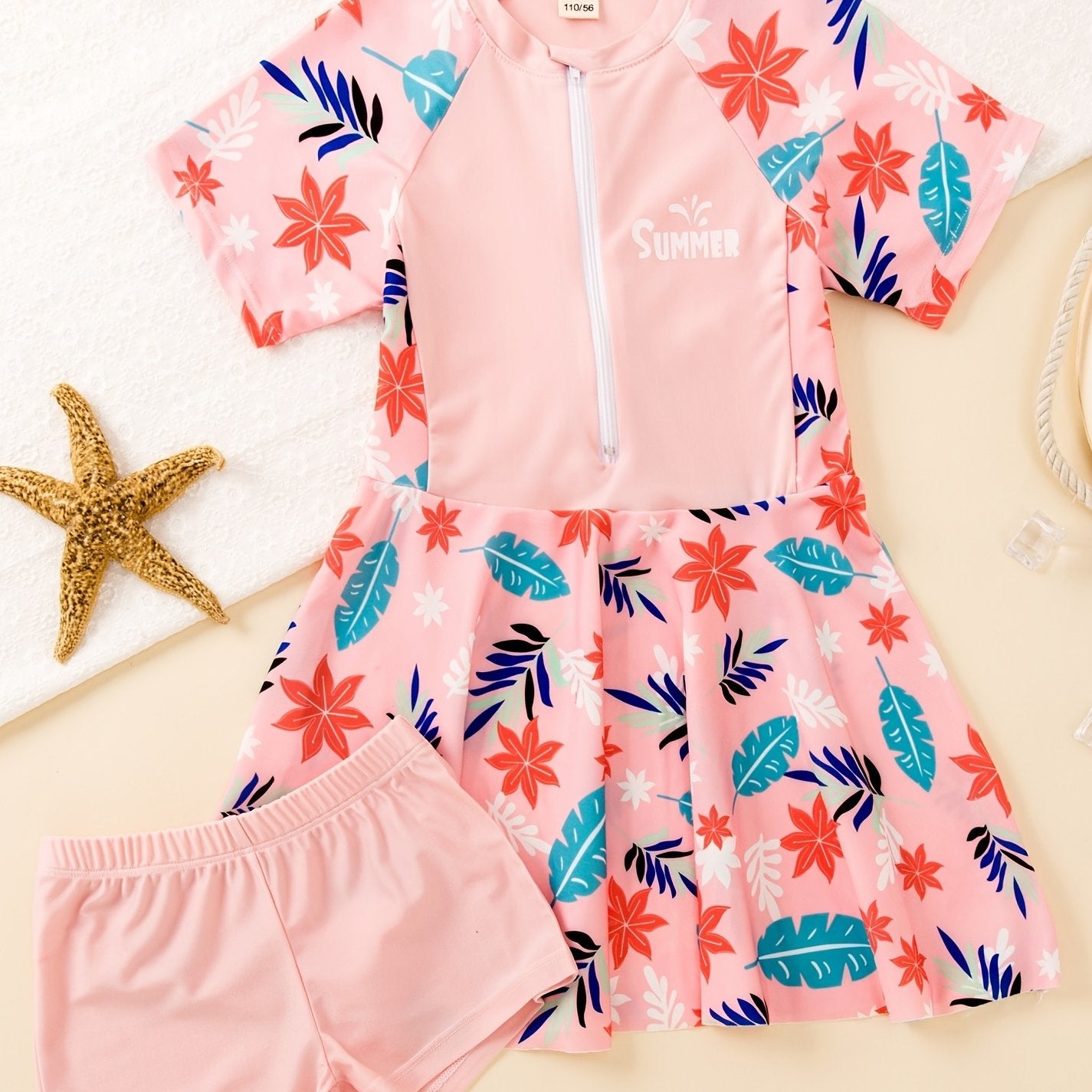Girls Leaf Print Dress & Shorts Swimsuit Set