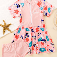 Girls Leaf Print Dress & Shorts Swimsuit Set
