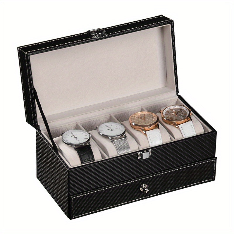 Men's 4 Slot Watch Display Box with Carbon Fiber Stand