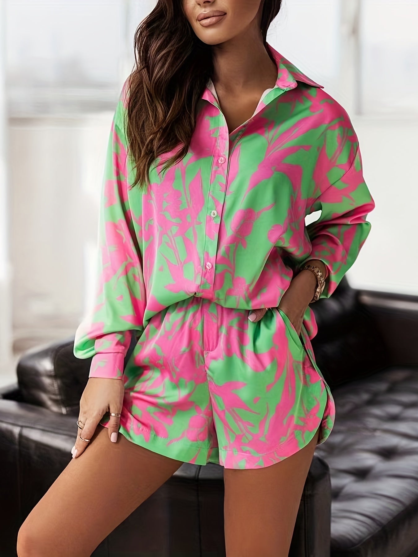 Floral Print Two piece Set Drop Shoulder Shirt & Shorts Outfit