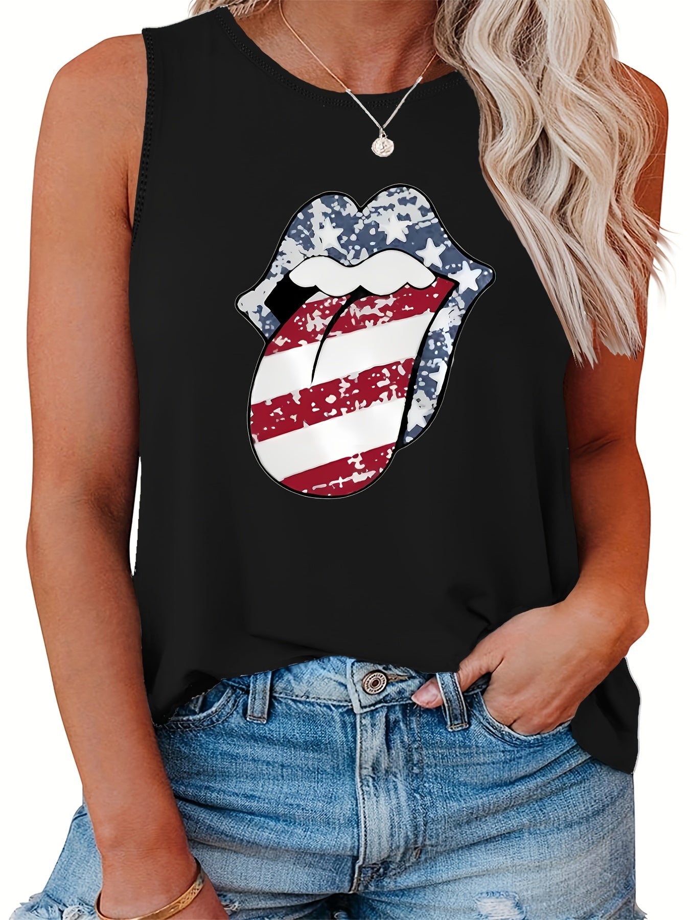Flag Lip Print Tank Top Round Neck