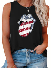 Flag Lip Print Tank Top Round Neck