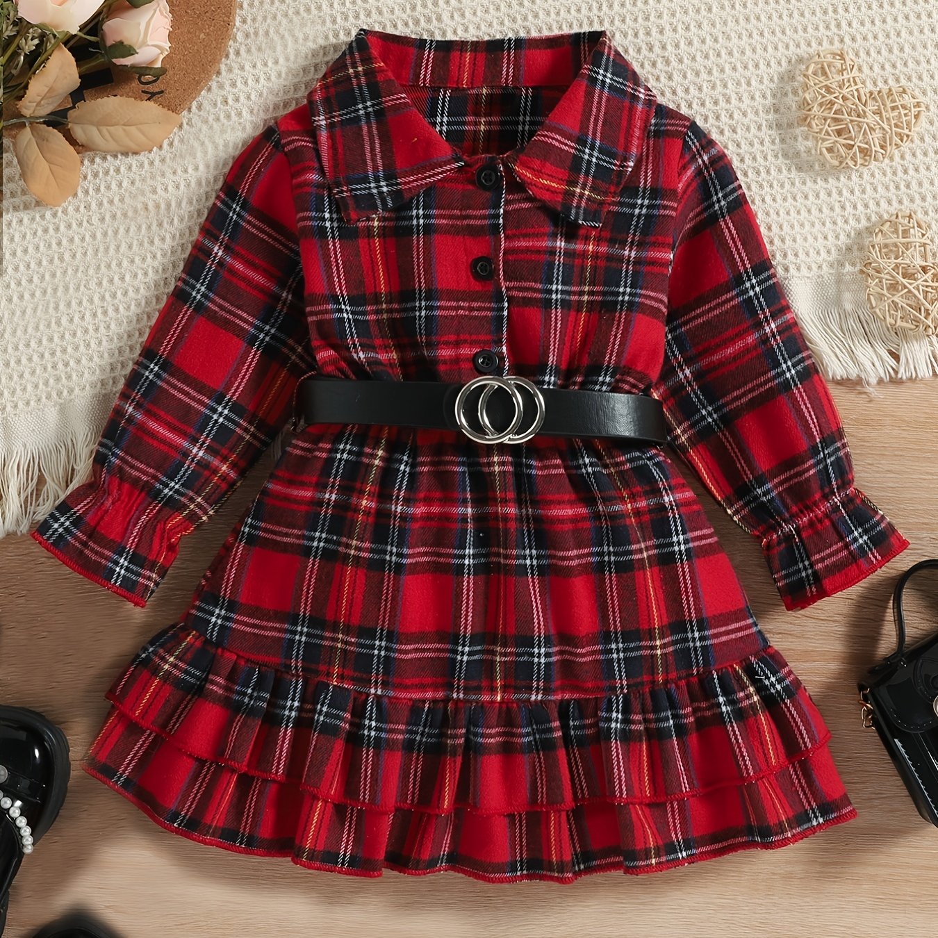 Toddler Baby Girls Christmas Outfit Stand Collar Ruffled Plaid Shirt Dress