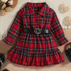 Toddler Baby Girls Christmas Outfit Stand Collar Ruffled Plaid Shirt Dress