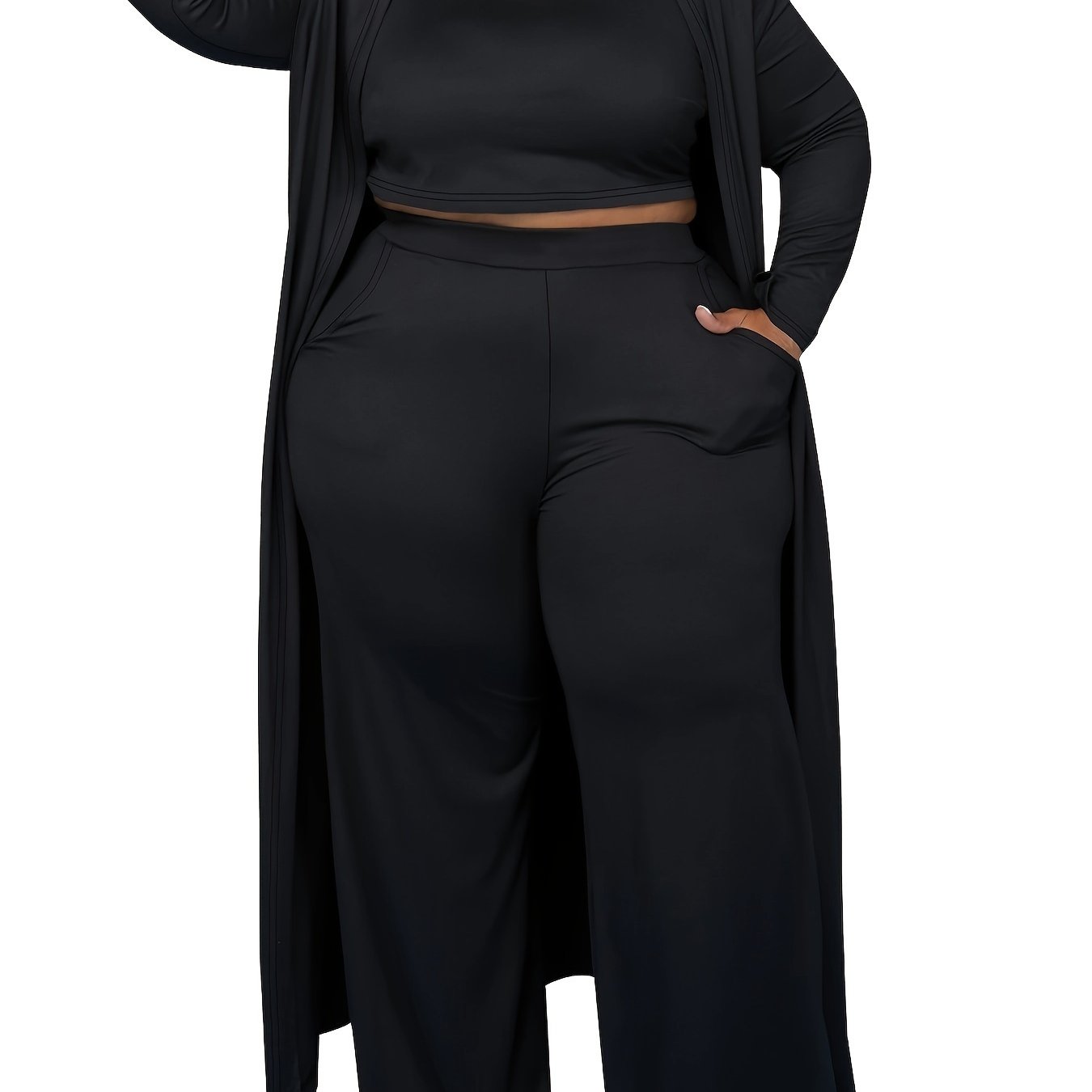 Solid Long Cardigan & Crop Tank Top & Leggings 3pc Set