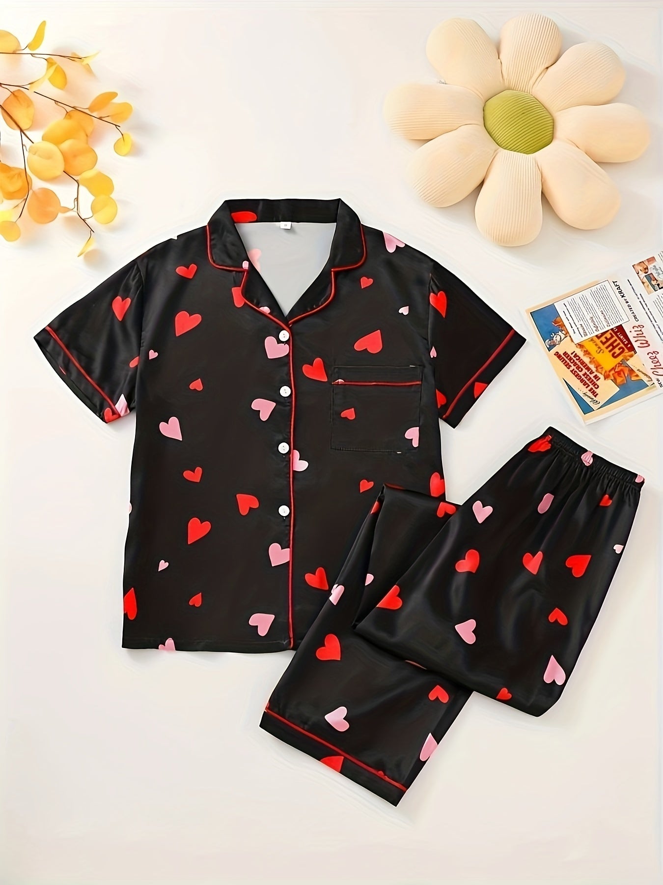 Heart Print Lounge Set Short Sleeve Top & Pants Women's Loungewear