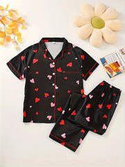 Heart Print Lounge Set Short Sleeve Top & Pants Women's Loungewear