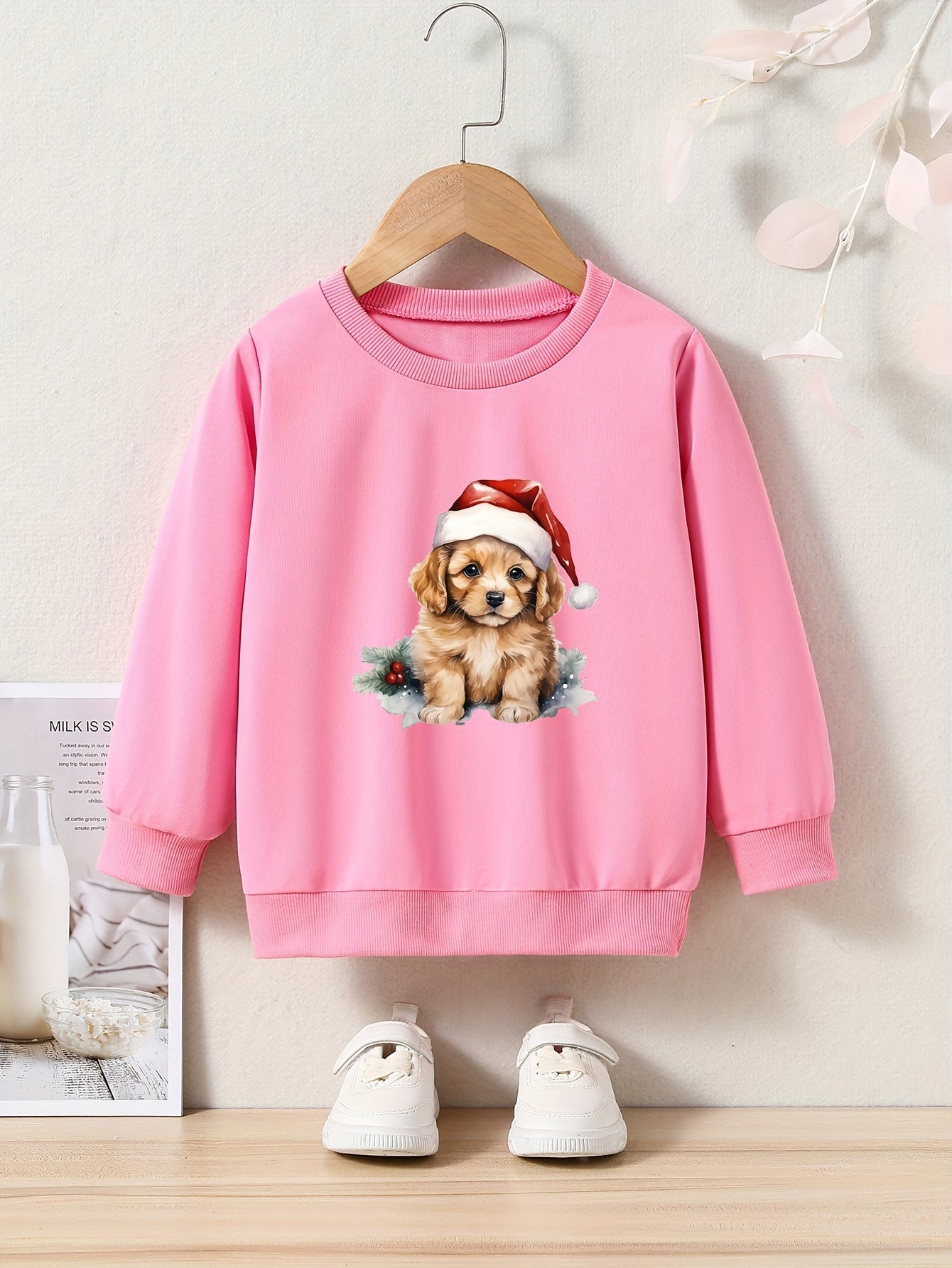 Christmas Dog Print Girls Casual Pullover Sweatshirt Long Sleeve Crew Neck Tops