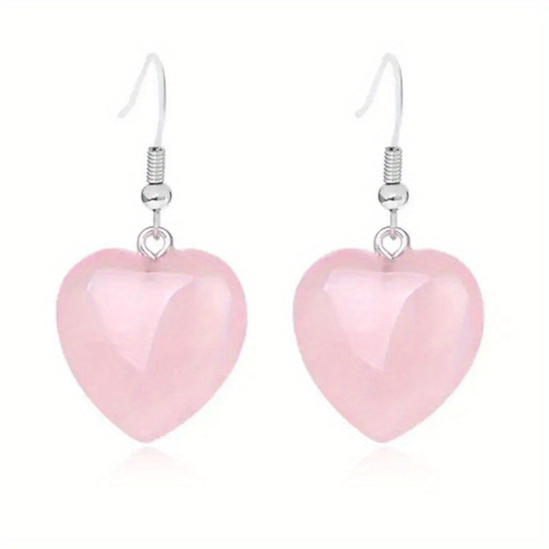 Heart Shaped Crystal Drop Earrings - Rose Quartz Amethyst