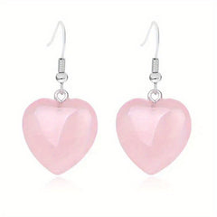 Heart Shaped Crystal Drop Earrings - Rose Quartz Amethyst