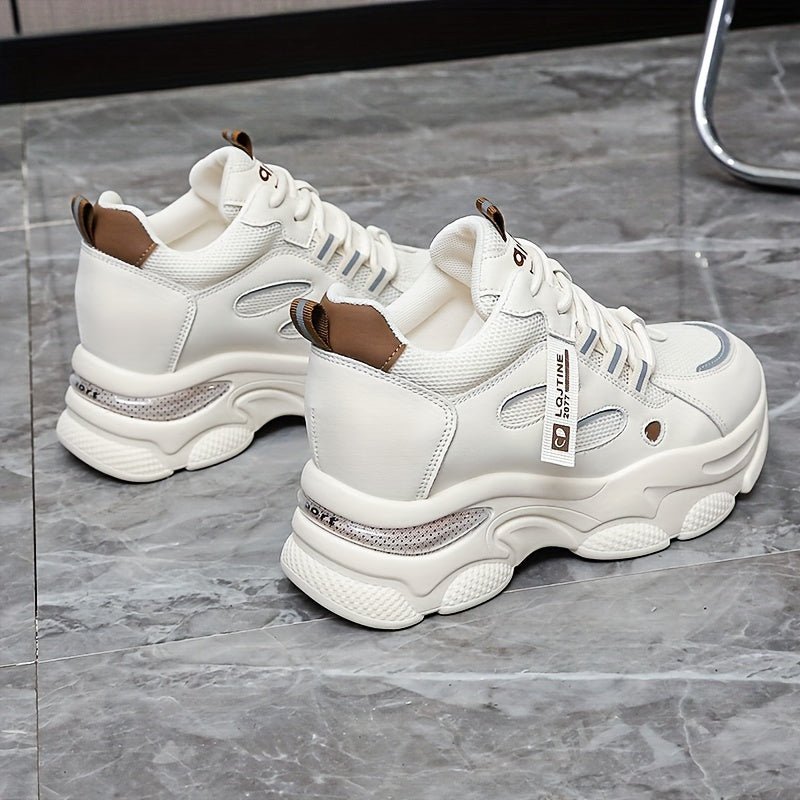 Women's Chunky Sneakers Hidden Heel Breathable Lace-up Comfy Thick Bottom Shoes
