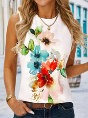 Floral Print Sleeveless Tank Top Casual Knitted Loose Tank Top