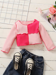 Toddler Girls Pink Gingham Sweater with Pleats Long Sleeve Knit Top