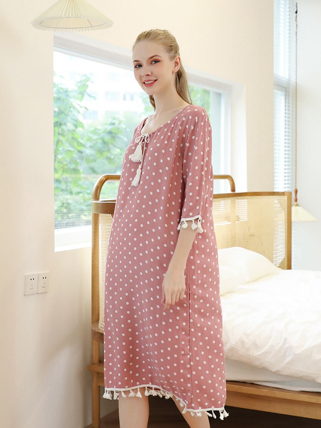 Polka Dot Print Lace Up Sleep Dress