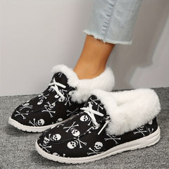 Plush Lined Canvas Shoes Halloween Skull Slip On Warm Shoes