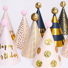 Birthday Cone Hat With Pom Poms Striped Dot Party Decor