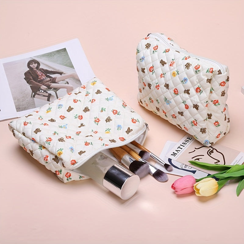Bear Flower Makeup Bag Travel Toiletry Organizer