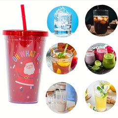 Red Double Layer Plastic Cup With Straw - 710ml Capacity