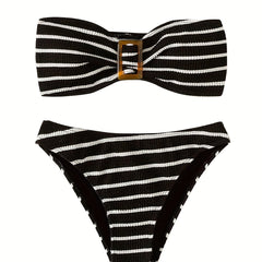 Striped Bandeau Bikini High Cut Swimsuit Set