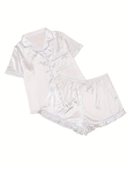 Satin Short Sleeve Pajama Set Plus Solid Comfort Loungewear