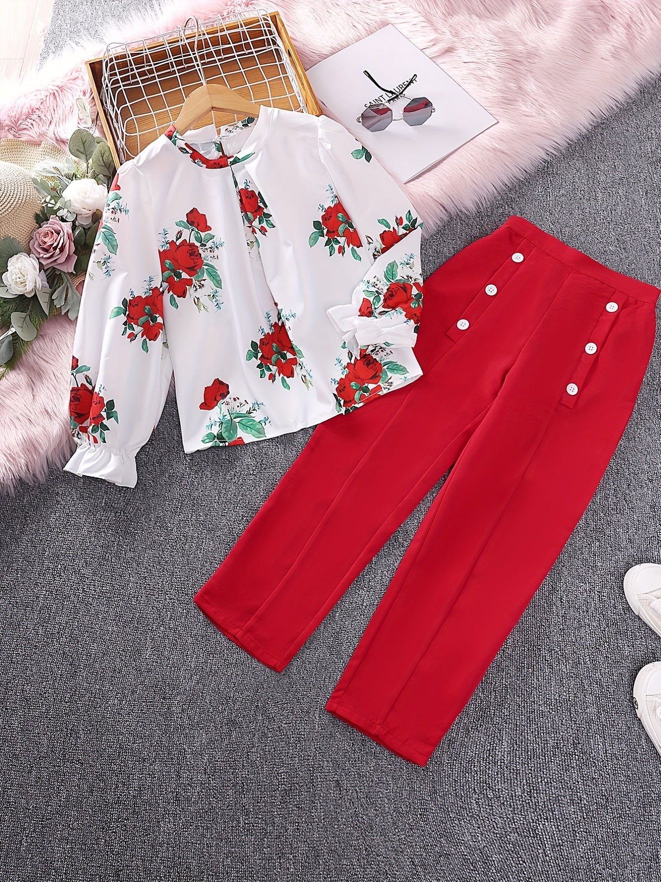 2pcs Girls Fall Clothes Long Ruffled Sleeve Flower Print Tops & Pants Set