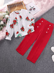 2pcs Girls Fall Clothes Long Ruffled Sleeve Flower Print Tops & Pants Set