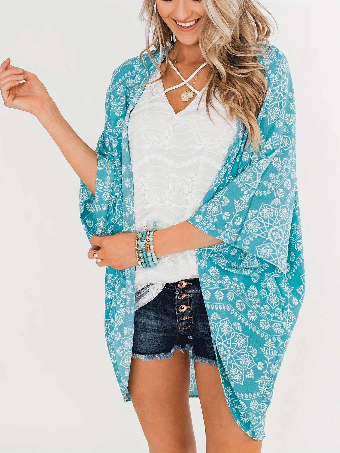 Floral Print Cover Up Shirt Long Sleeves Loose Fit V Neck Semi Sheer Kimono