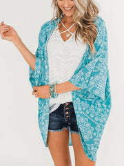 Floral Print Cover Up Shirt Long Sleeves Loose Fit V Neck Semi Sheer Kimono