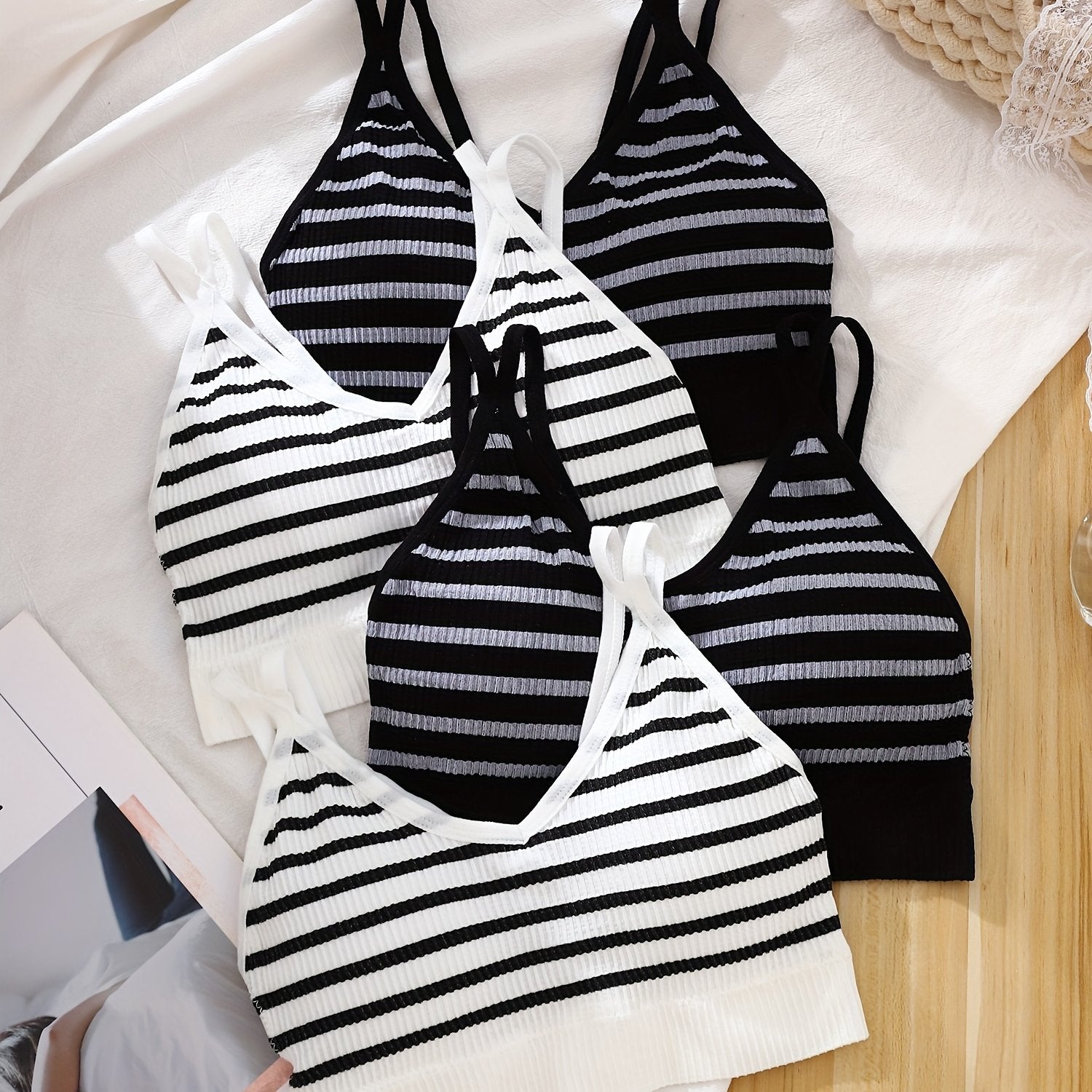 4pc Striped Wireless Bras Comfy & Breathable Intimates Bra Women's Lingerie