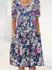 Floral Print Maxi Dress Short Sleeve Round Neck Pleated