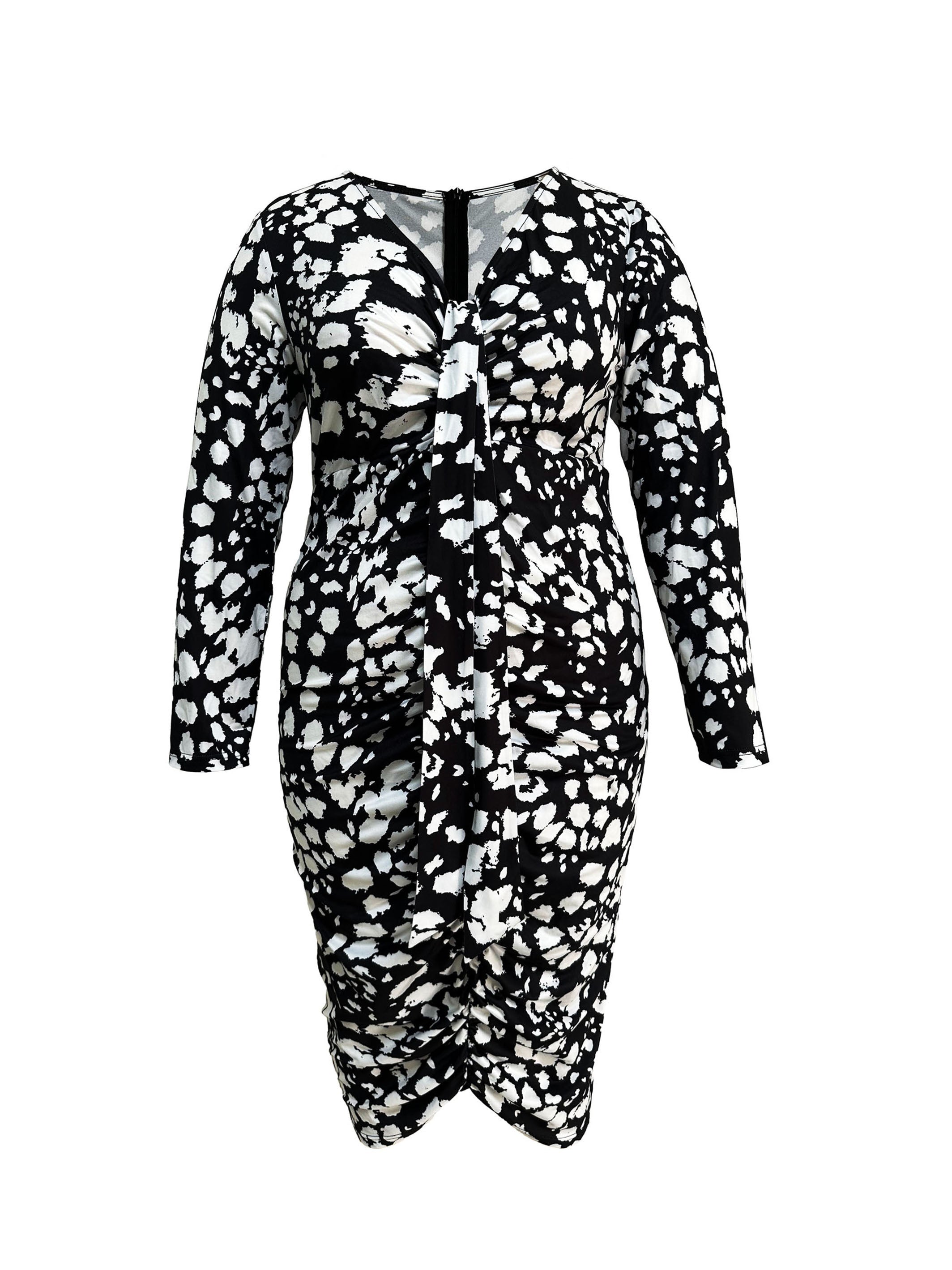 Allover Print V Neck Long Sleeve Ruched Dress