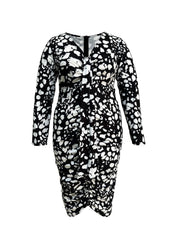 Allover Print V Neck Long Sleeve Ruched Dress