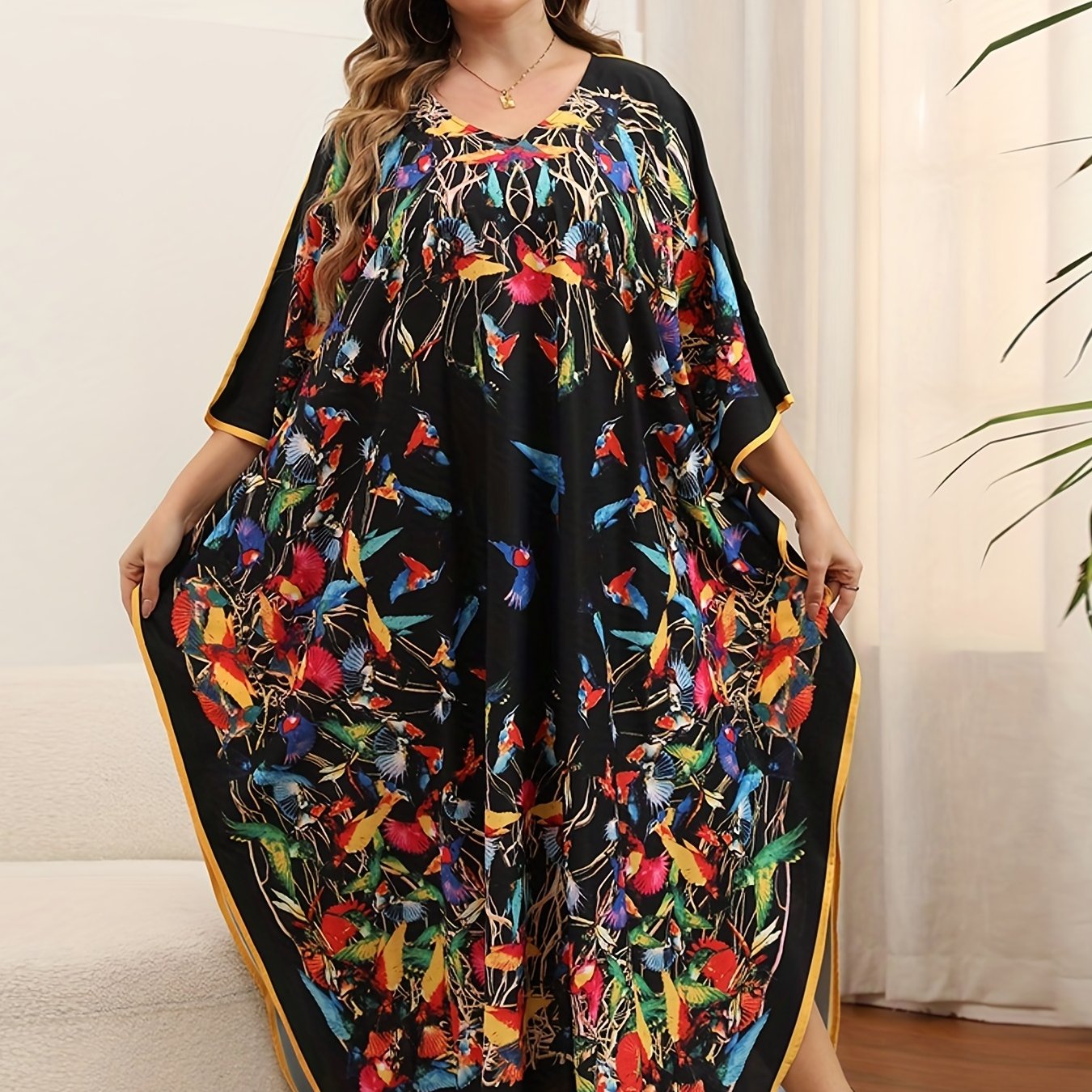 Colorful Bird Print V Neck Cover Up Dress