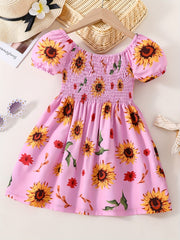 Girls Sunflower Print Princess Dress Kids Summer Clothes