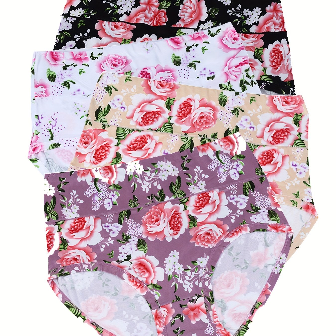 Women's Plus Floral Print High Waisted Soft Panties 4pcs Set