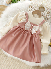 Sweet Girls Puff Long Sleeve Bow Dress Splicing Dress