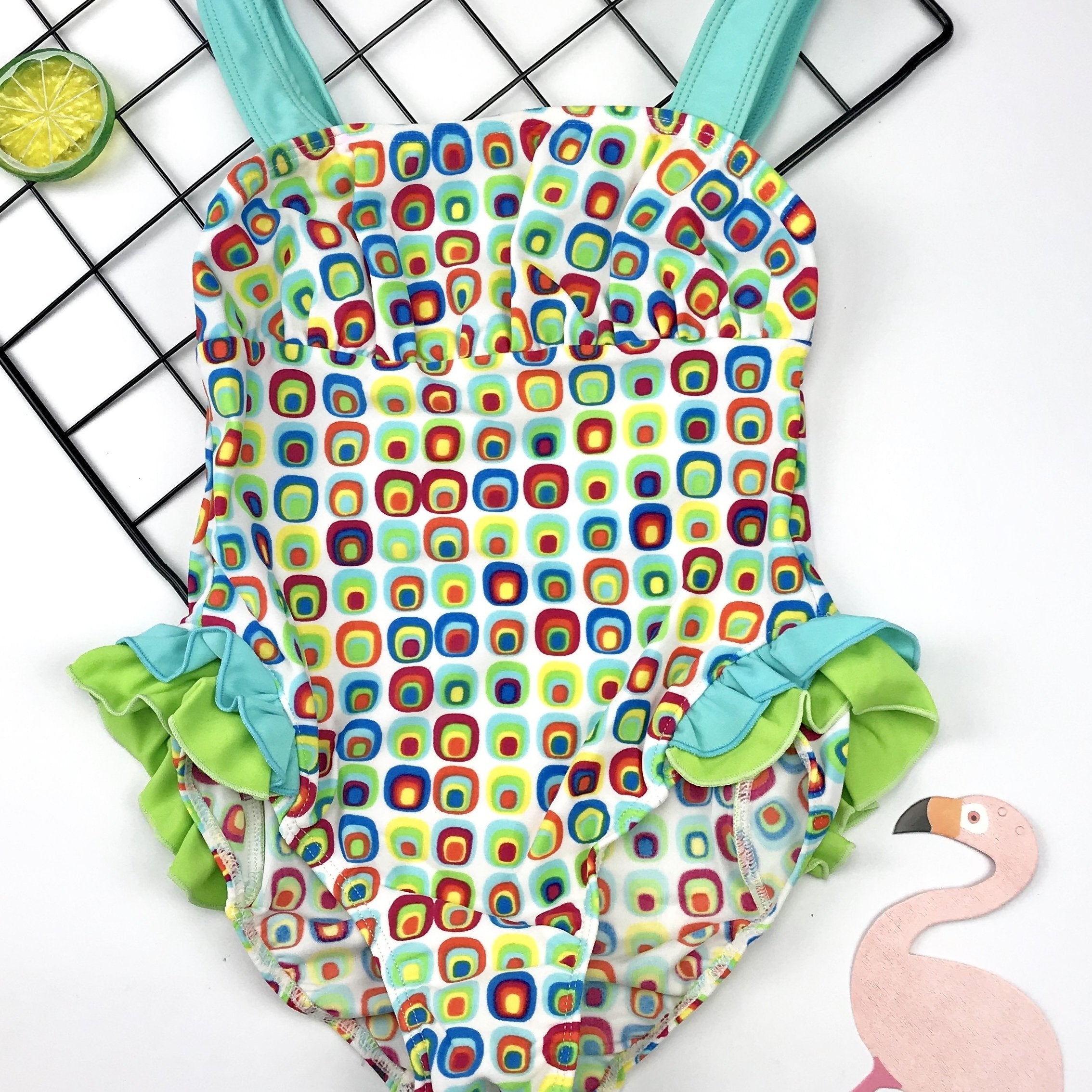 Toddler Girl's Geometric Pattern Onesie Swimsuit Ruffle Tankini Camisole