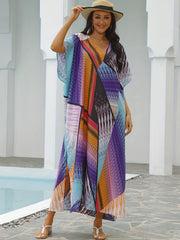 Boho Cover Up Women's Plus V Neck Geometric Print Short Sleeve