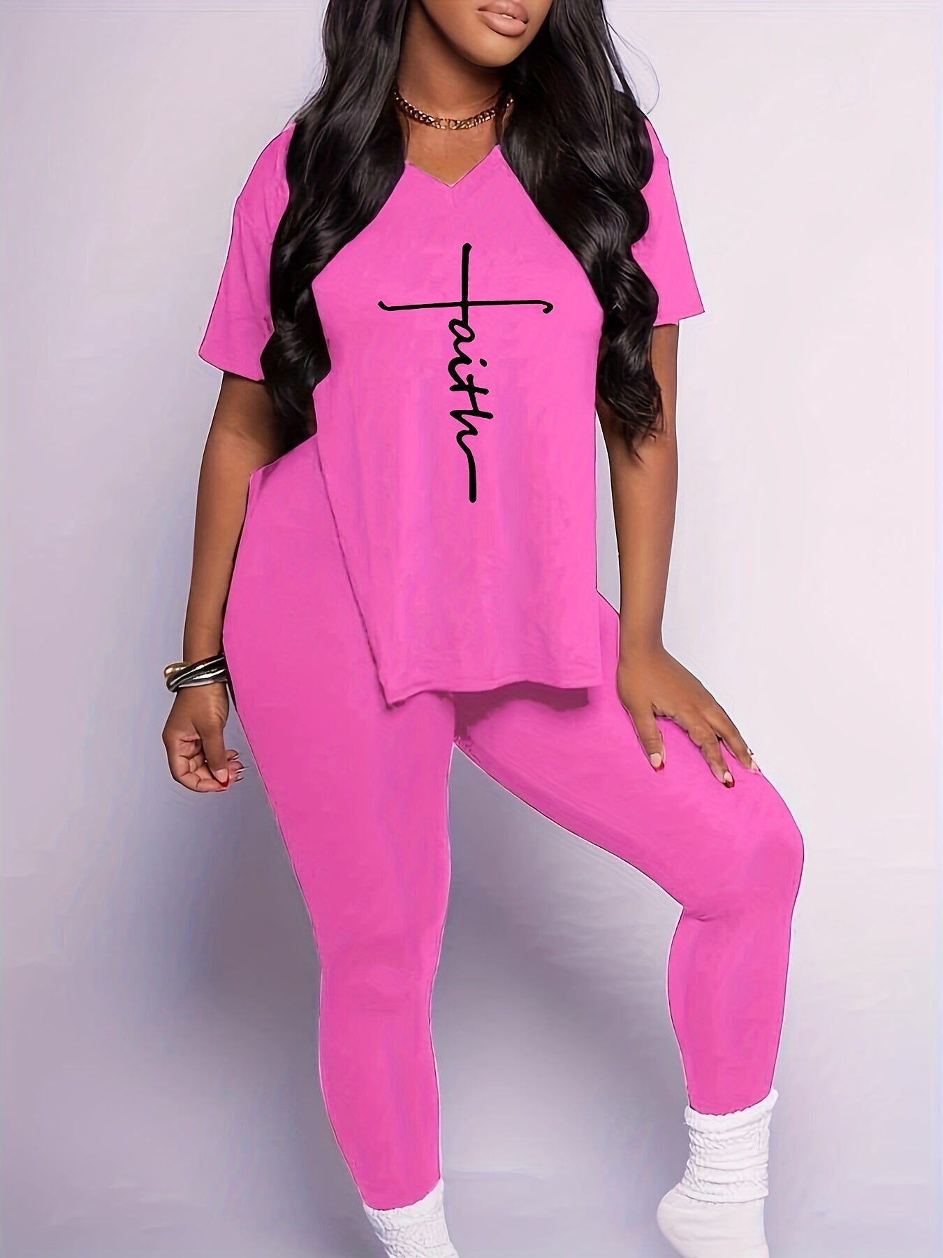 Letter Print Matching Two piece Set Short Sleeve T shirt & Casual Leggings