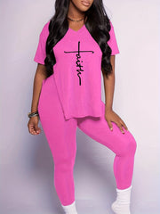 Letter Print Matching Two piece Set Short Sleeve T shirt & Casual Leggings