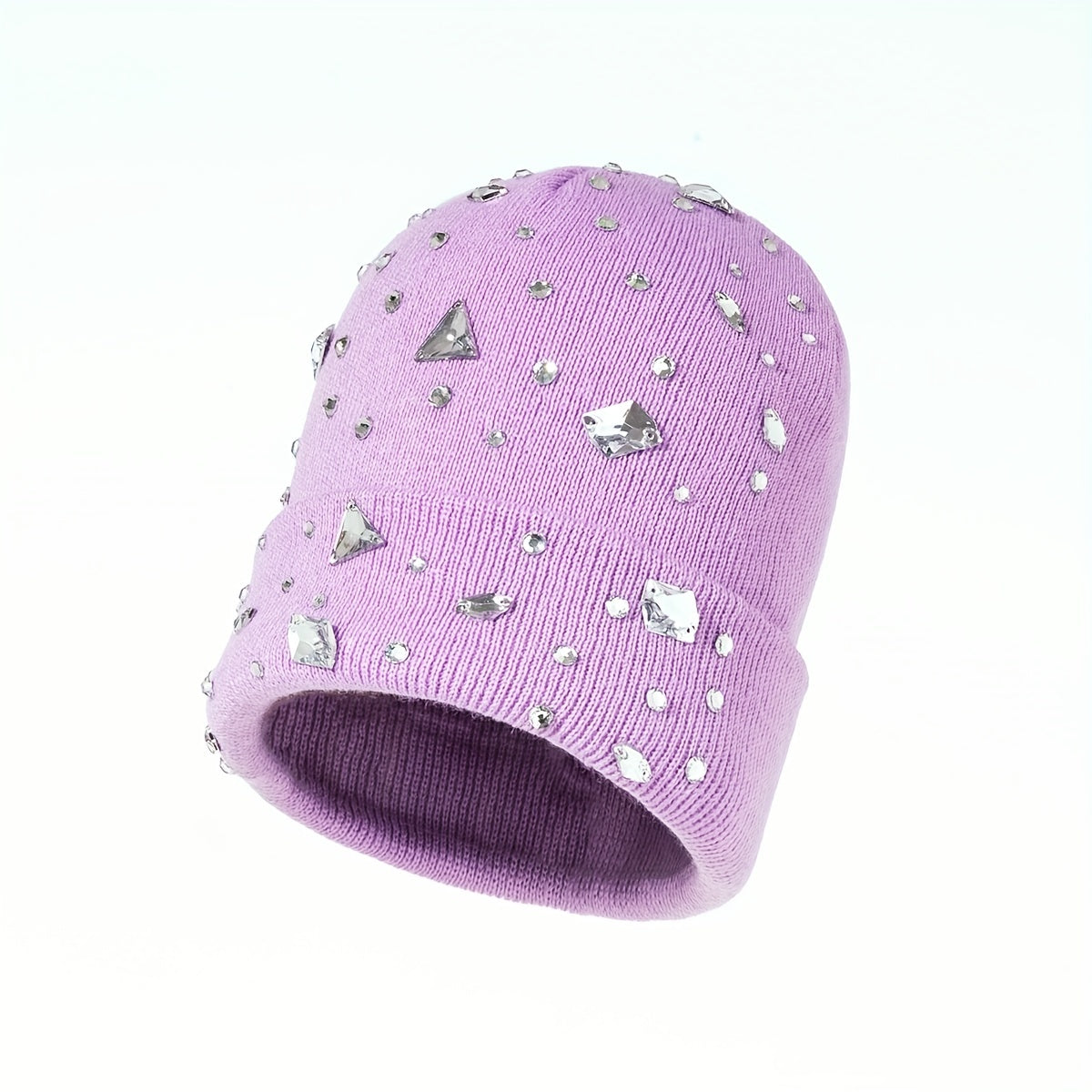 Purple Rhinestone Decor Beanie Knit Hat