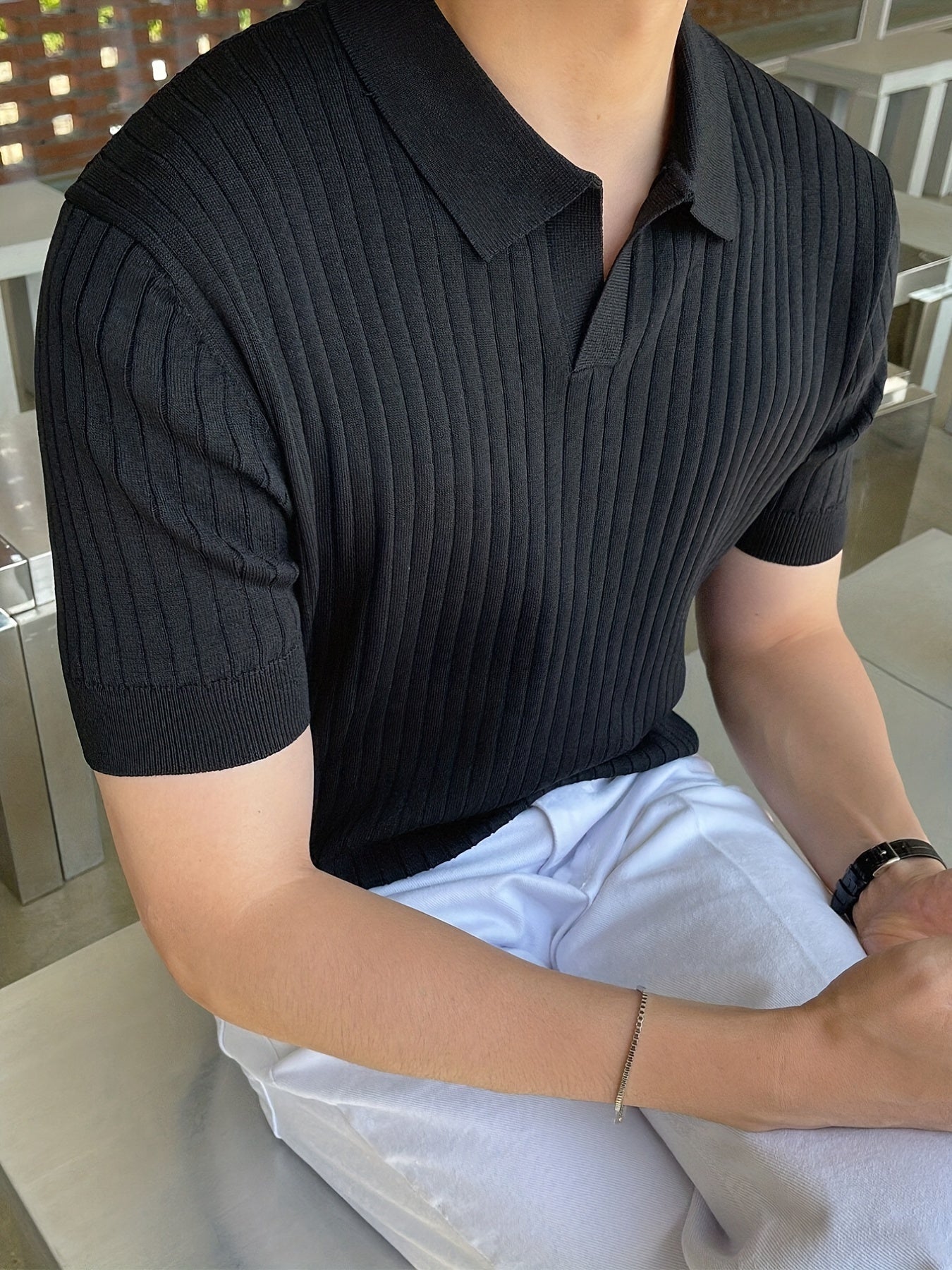 Knit Short Sleeve Polo Shirt V-Neck Button Up Casual Top Men's Tee